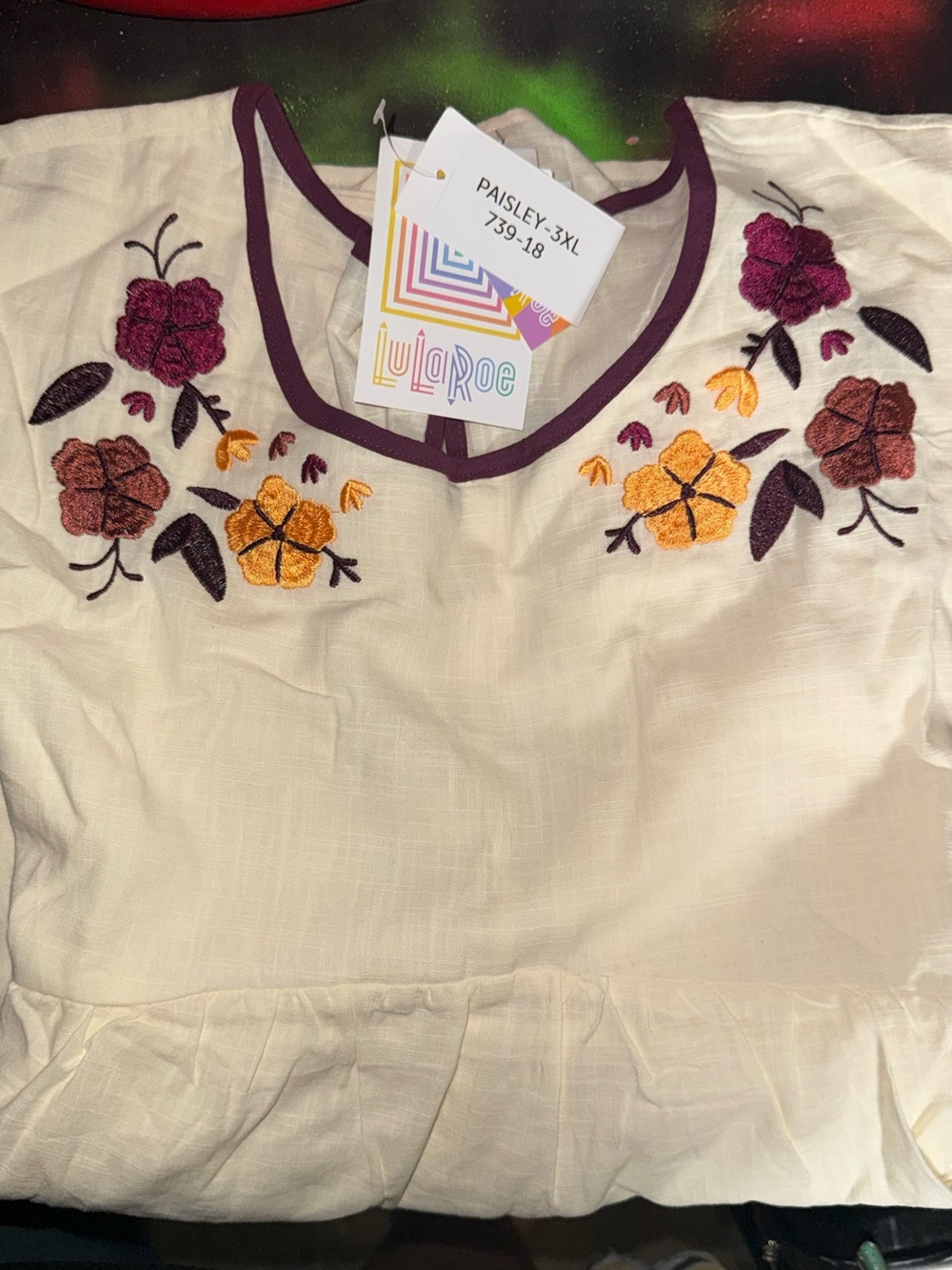 LuLaRoe Cream Embroidered Floral Tunic with Purple Trim